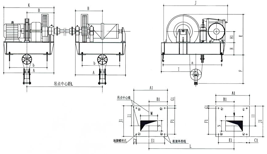 QPK2×50KN-QPK2×250KN系列卷揚式雙吊點啟閉機(jī)外形及基礎(chǔ)布置示意圖