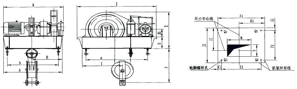 QPK1×50KN-QPK1×250KN系列卷揚式單吊點啟閉機外形及基礎(chǔ)布置示意圖