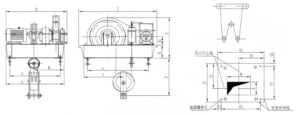 QP1×50KN-QP1×250KN系列卷?yè)P(yáng)式單吊點(diǎn)啟閉機(jī)外形及基礎(chǔ)布置示意圖