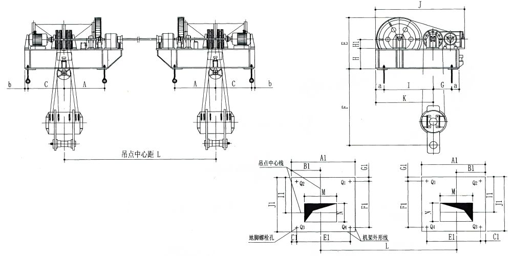 QPK2×400KN-QPK2×1250KN系列卷揚式雙吊點啟閉機(jī)外形及基礎(chǔ)布置示意圖