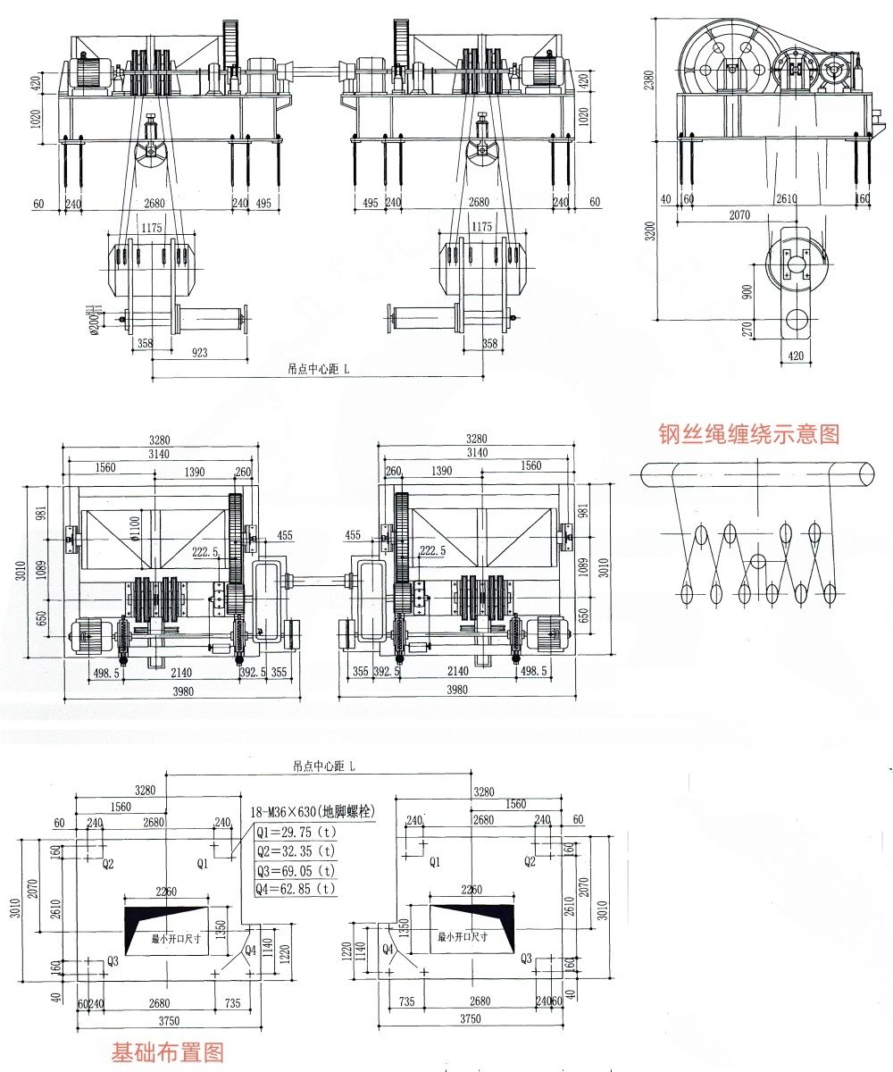 QPK2×1600KN快速卷揚式雙吊點啟閉機(jī)基礎(chǔ)布置主要尺寸表