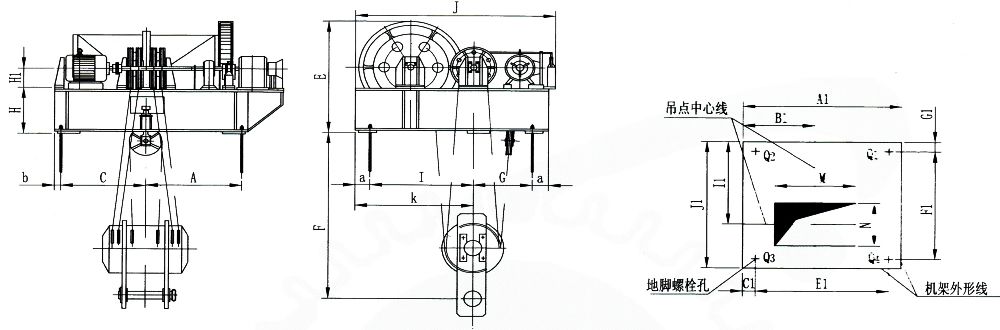 QPK1×400KN-QPK1×1250KN系列卷揚式單吊點啟閉機外形及基礎(chǔ)布置示意圖