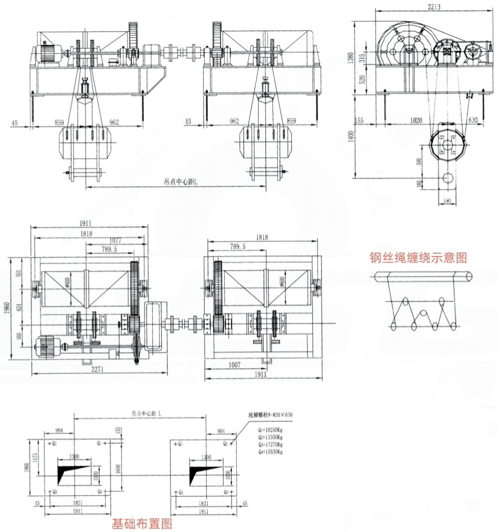 QP2×400KN系列卷揚(yáng)式雙吊點(diǎn)啟閉機(jī)外形及基礎(chǔ)布置示意圖