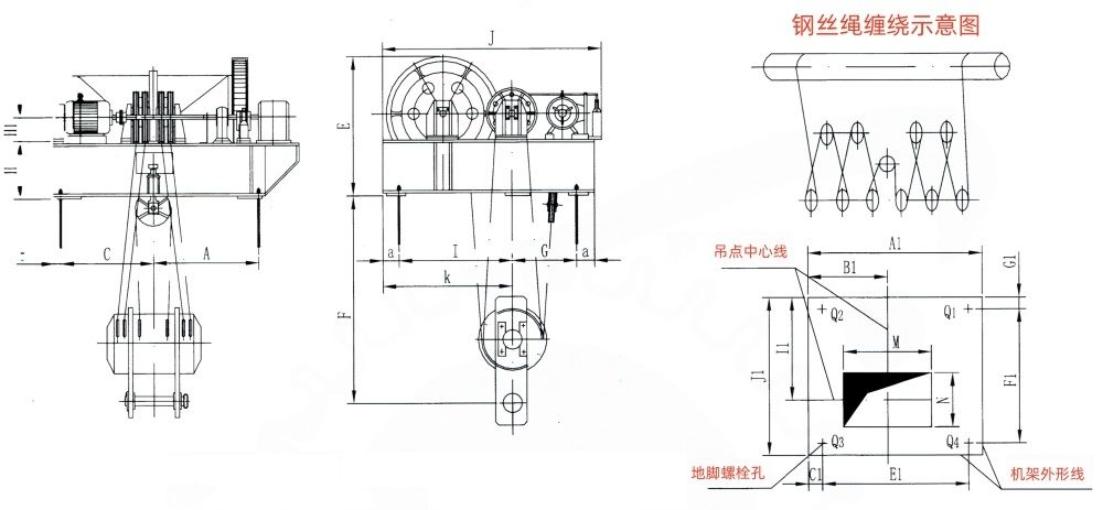 QP1×630KN-QP1×1250KN系列卷?yè)P(yáng)式單吊點(diǎn)啟閉機(jī)外形及基礎(chǔ)布置示意圖