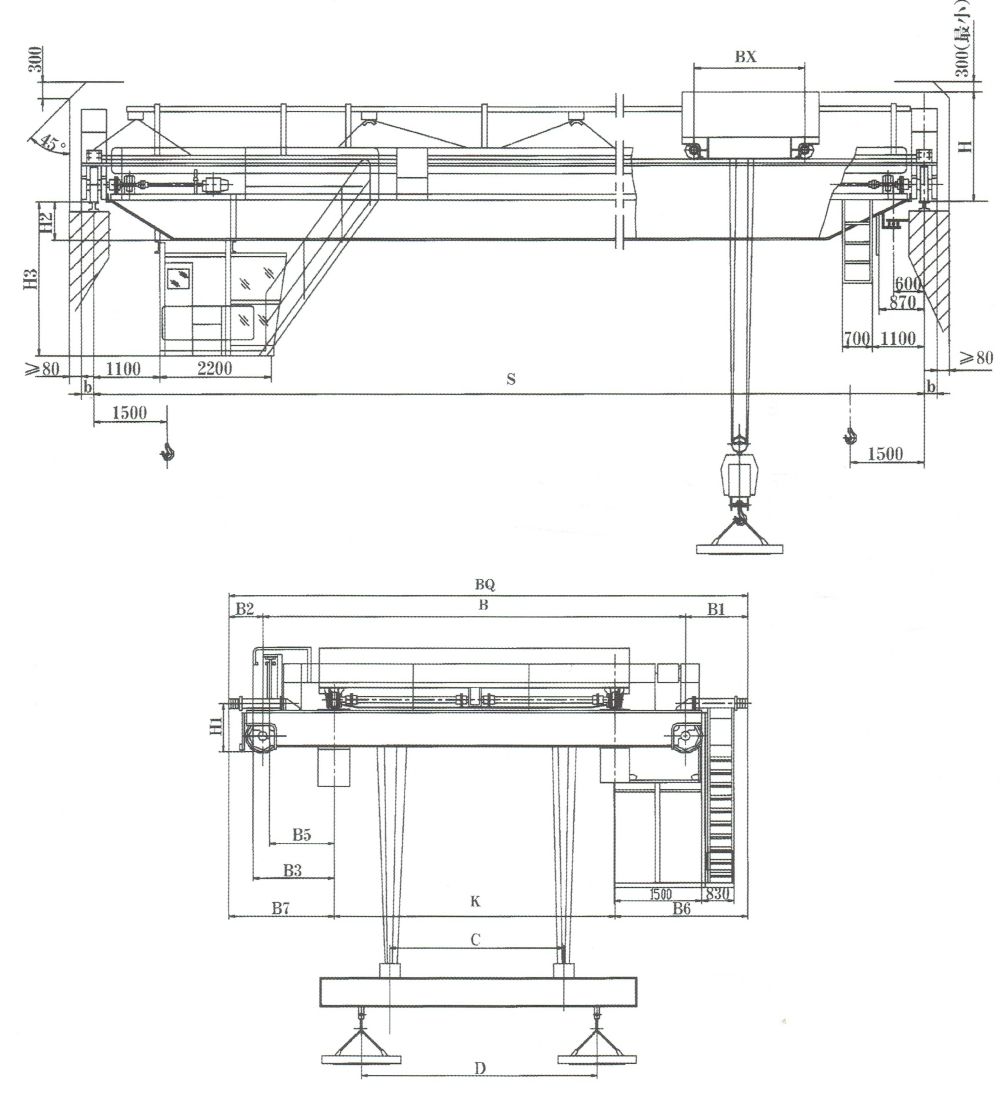 QCL型電磁掛梁橋式起重機(jī)外形與主要尺寸圖